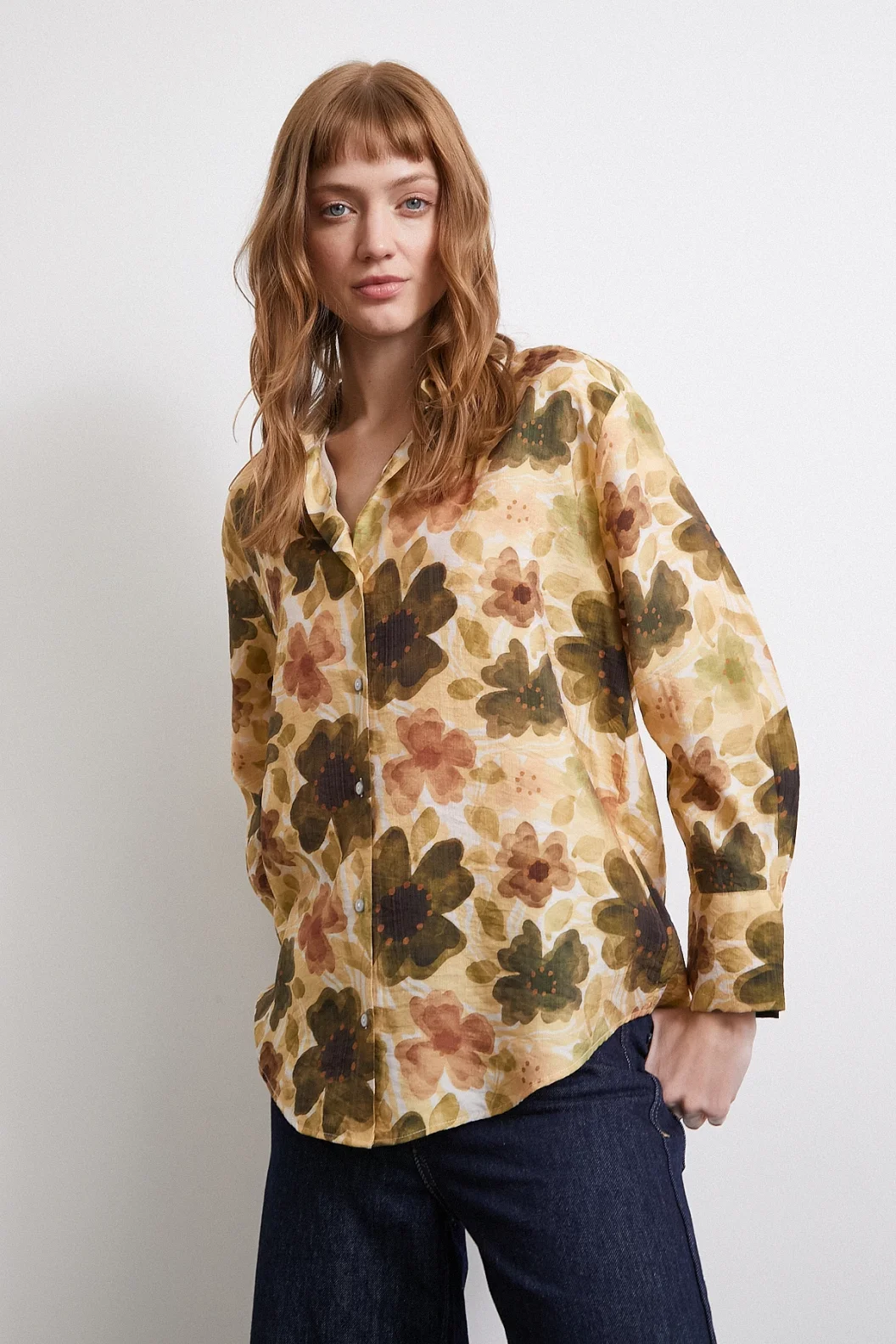 Floral Voile Shirt Khaki
