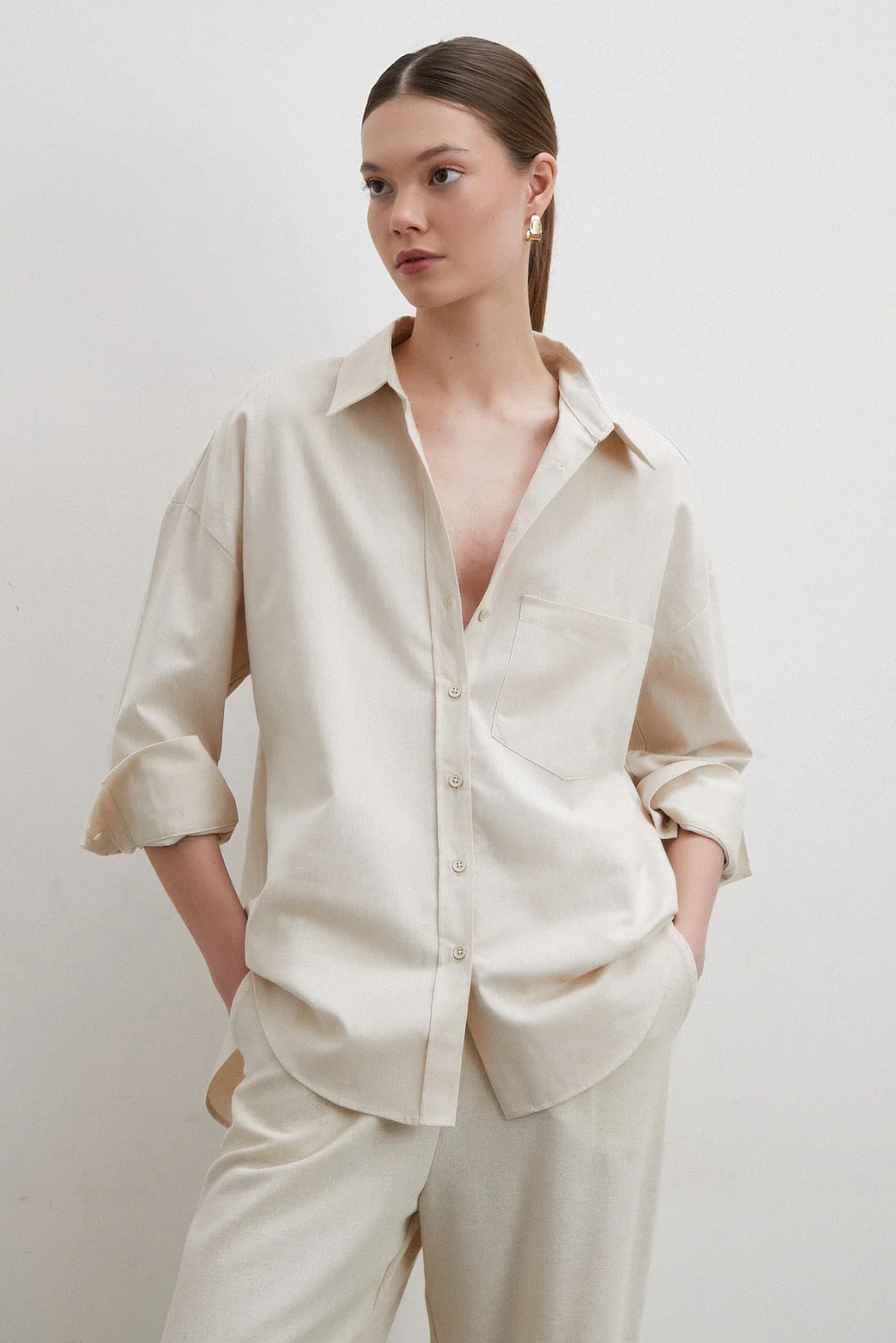 Leinenmischung Flowy Shirt Beige