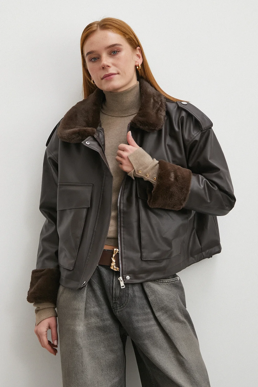 Kürk Detaylı Cepli Deri Mont Kahve