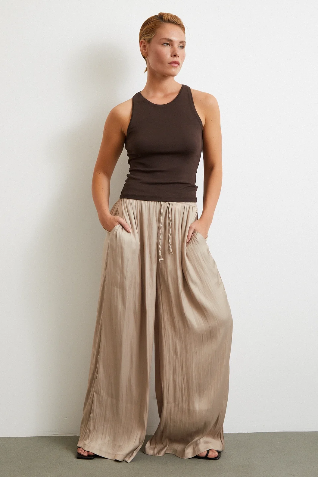 Elastic Waist Wide Legged Ruched Pants Beige