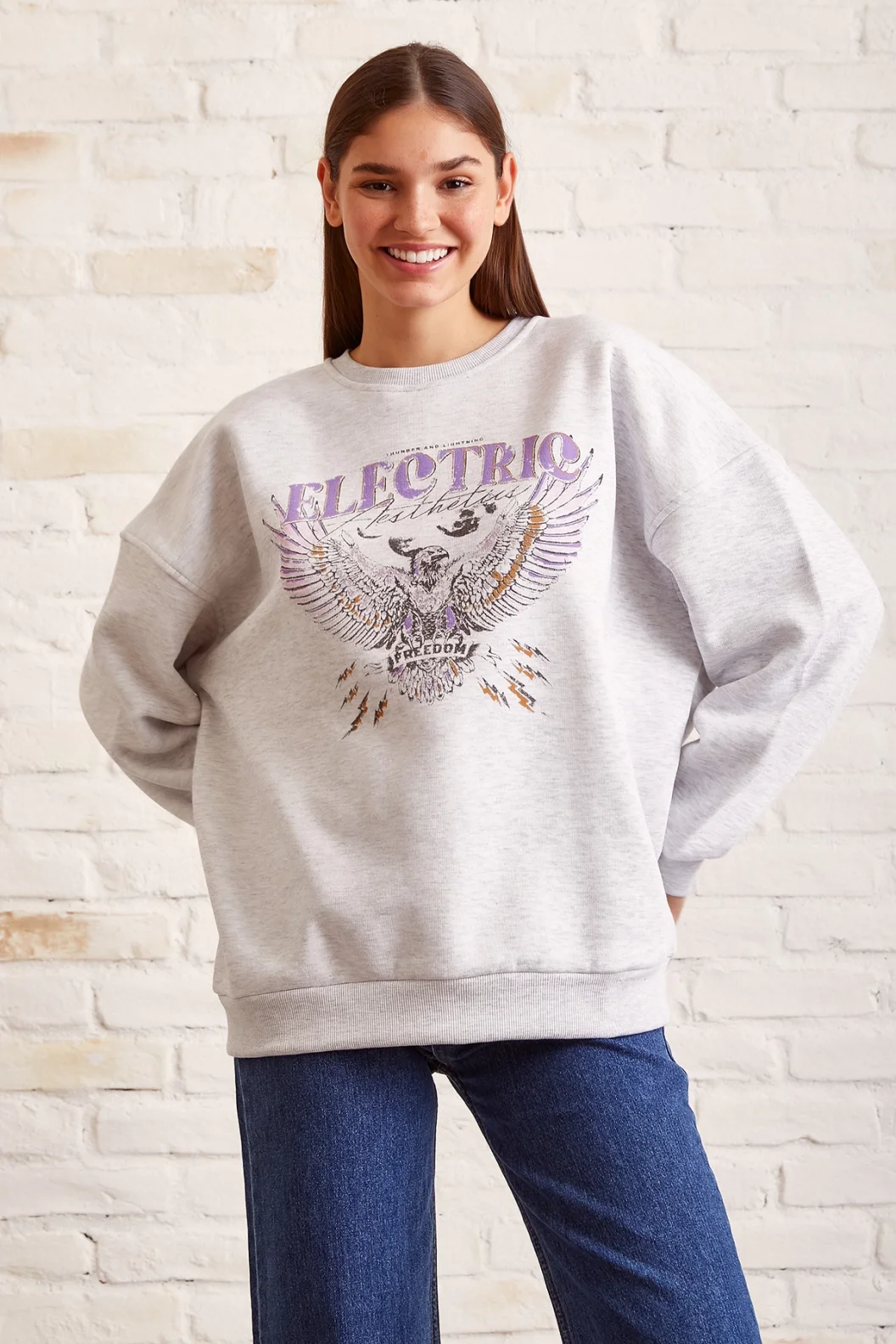 سويت شيرت بيسيكل ياقة مطبوعة بالكر ميلانج