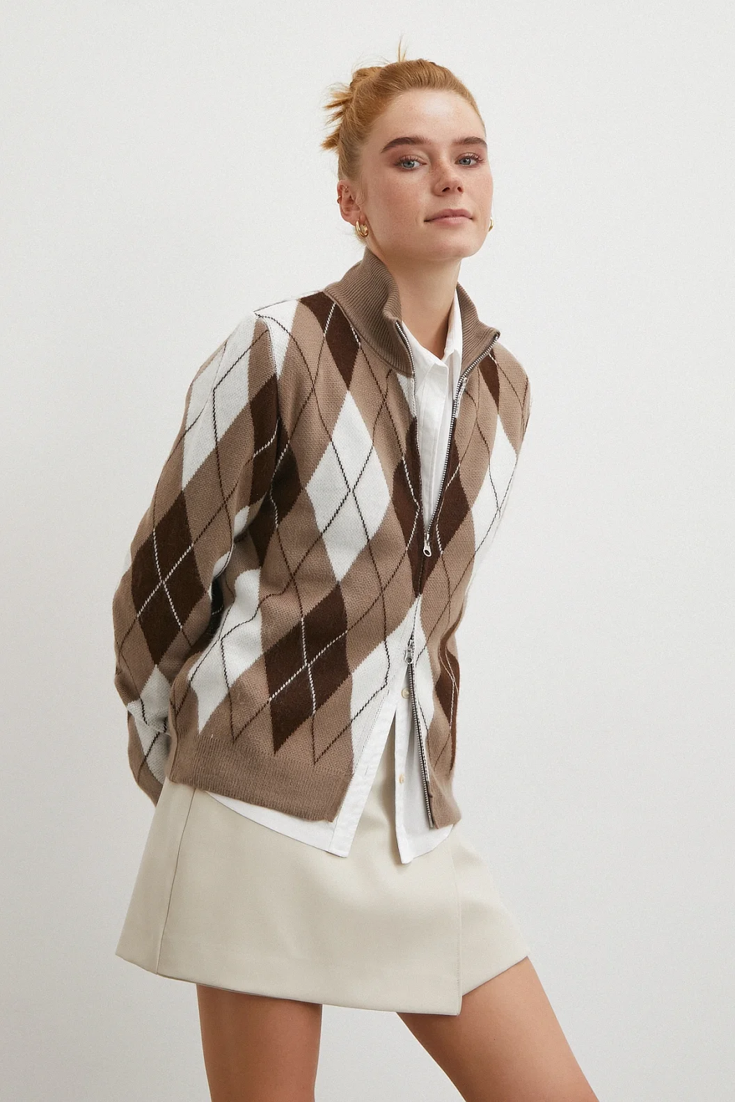 Fermuarlı Baklava Desen Kazak Kahve