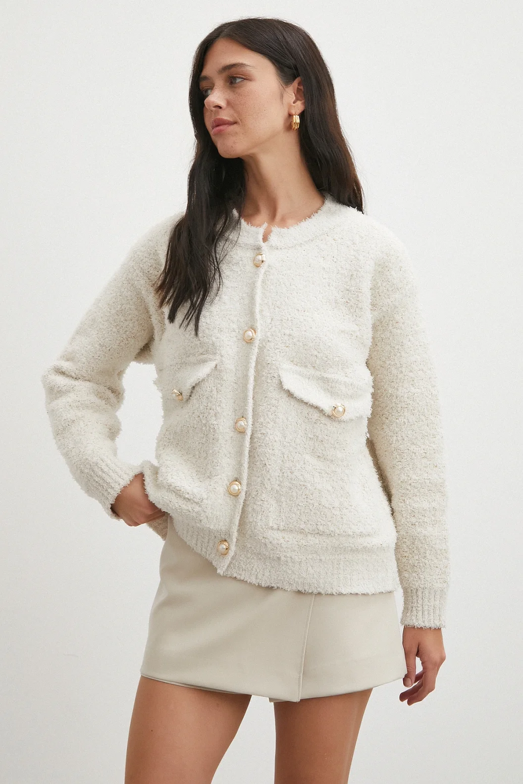 Cepli Düğmeli Simli Hırka Ekru