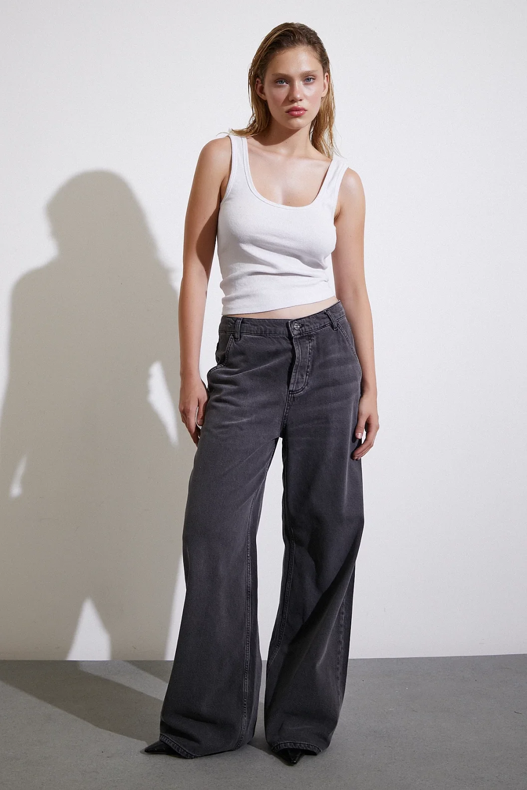 Yüksel Bel Geniş Paça Jean Füme