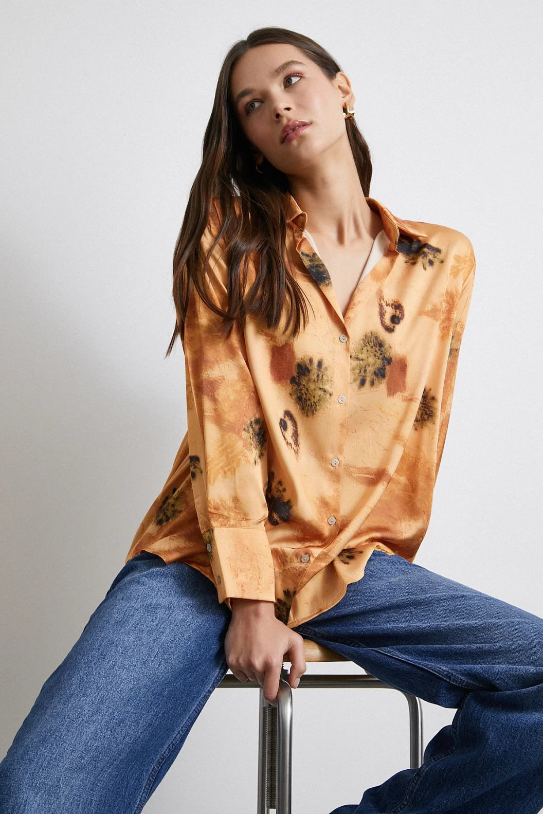 V Neck Patterned Shirt Salmon