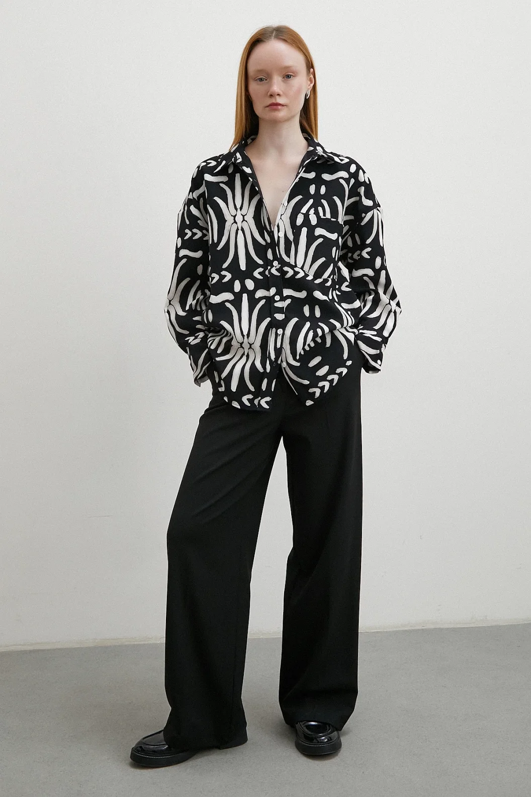 Contrast Ethnic Pattern Crepe Shirt Black