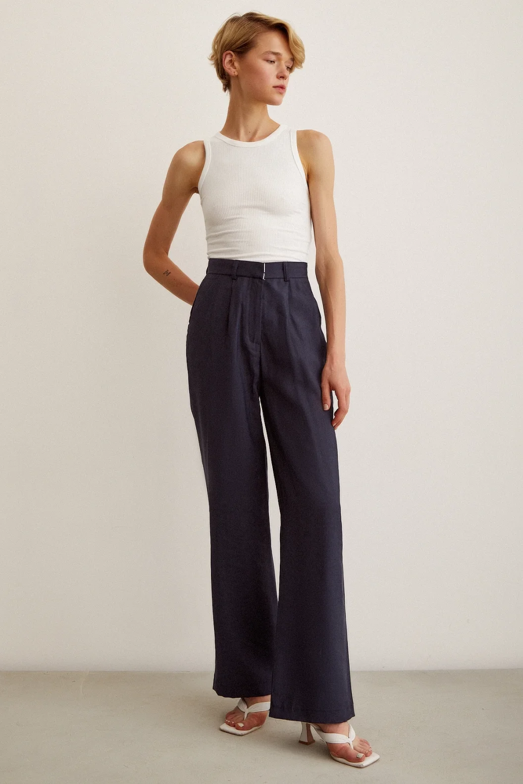 Hohe Taille Weit geschnittene Hose Dunkelblau