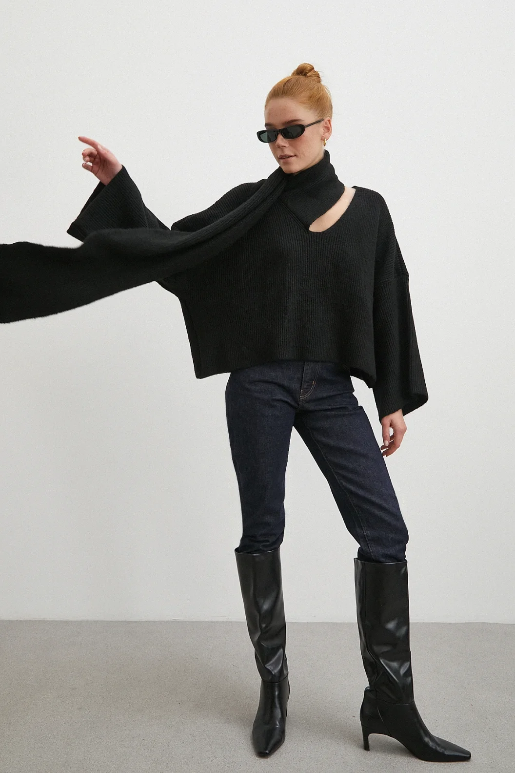 Fitilli Şal Yaka Kazak Siyah