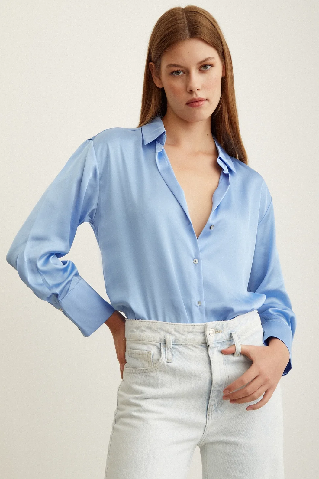Basic Satin Bluse Hellblau