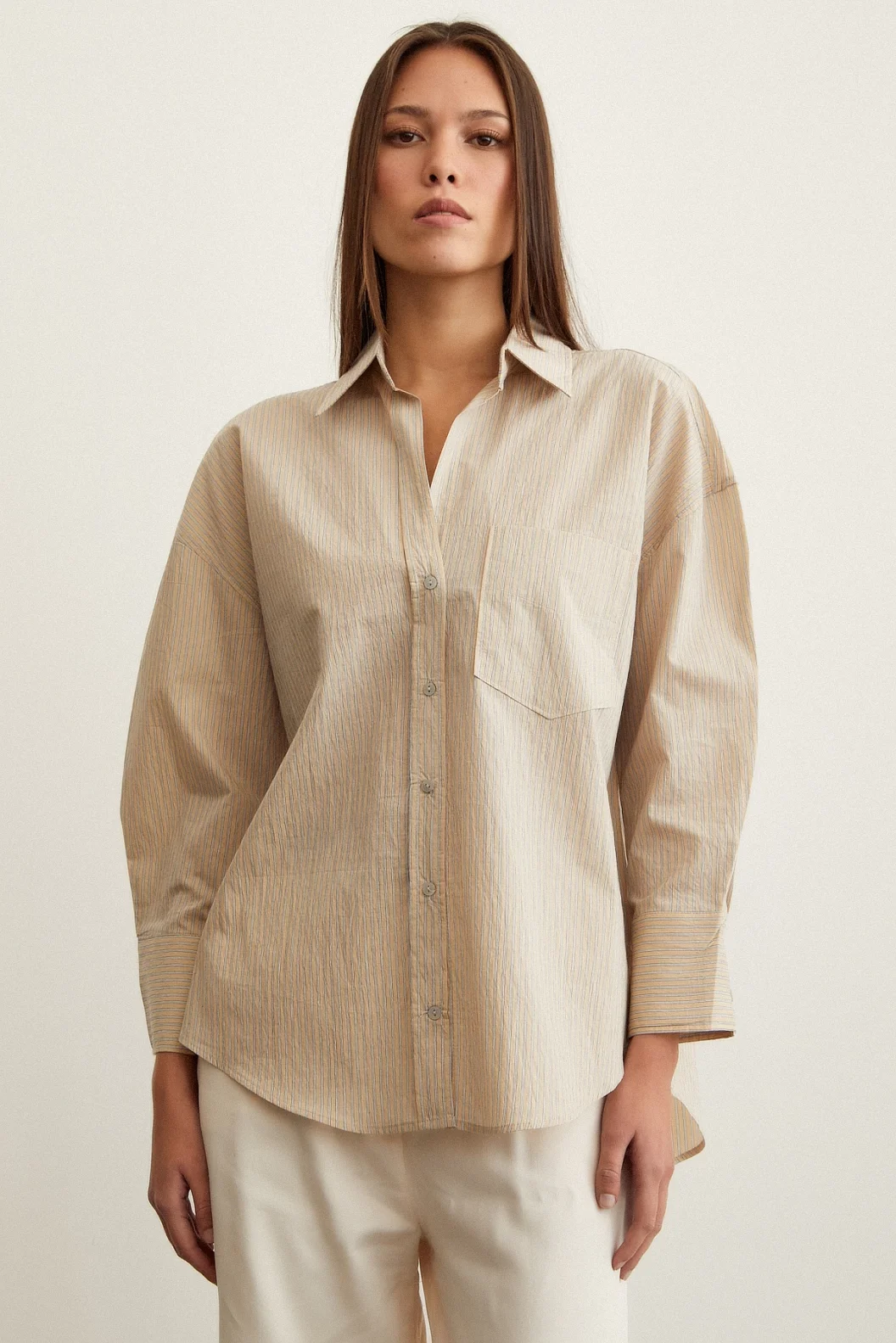 Striped Oversize Shirt Beige