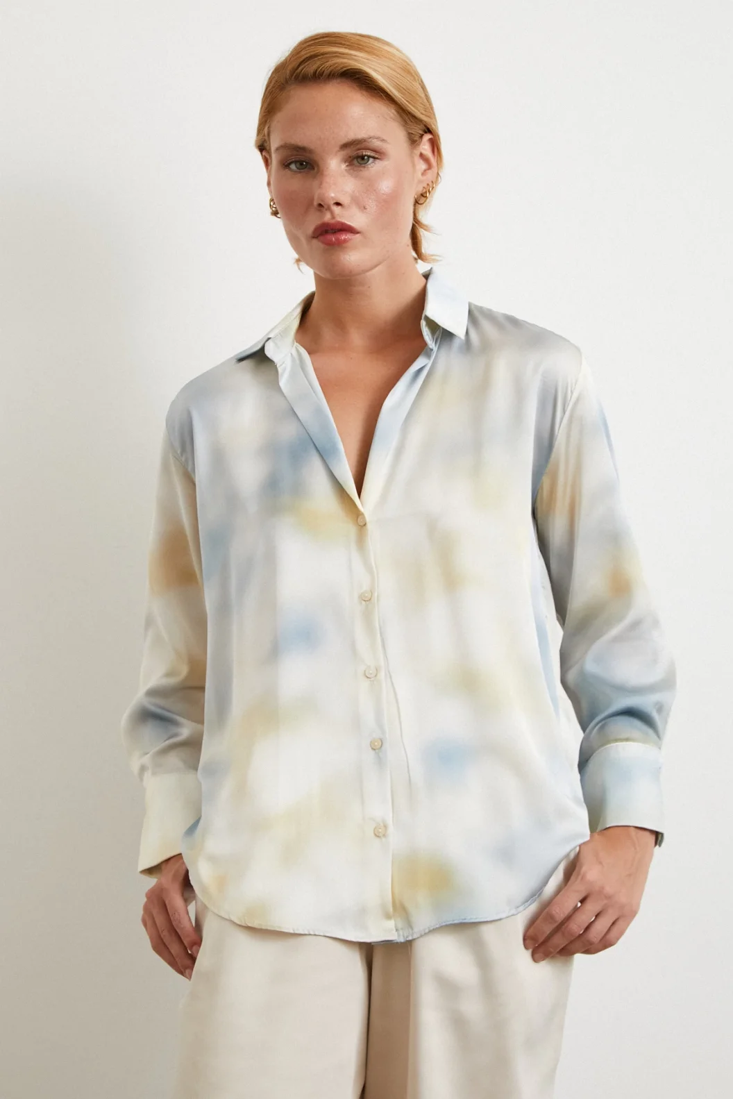 Ebruli Desen Saten GömleK Buz Mavisi