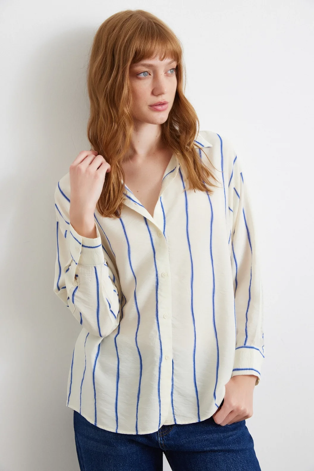 Çizgili Modal Gömlek Saks