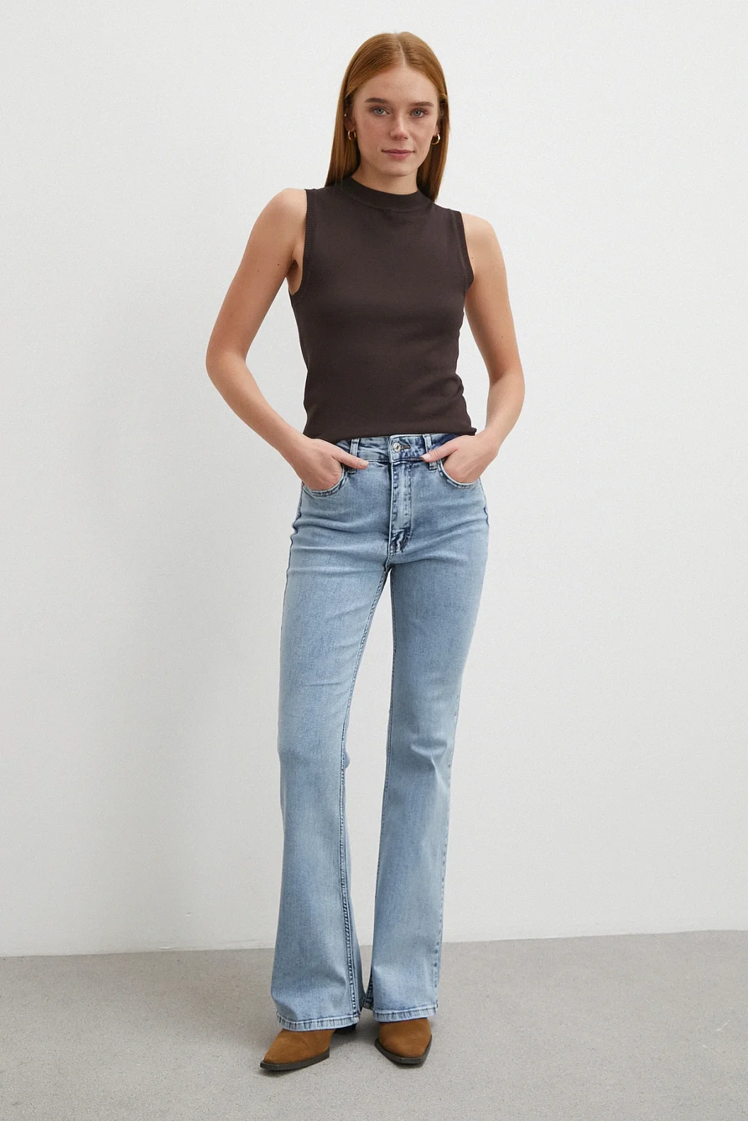 Orta  Bel Likralı İspanyol Paça Jean Buz Mavisi