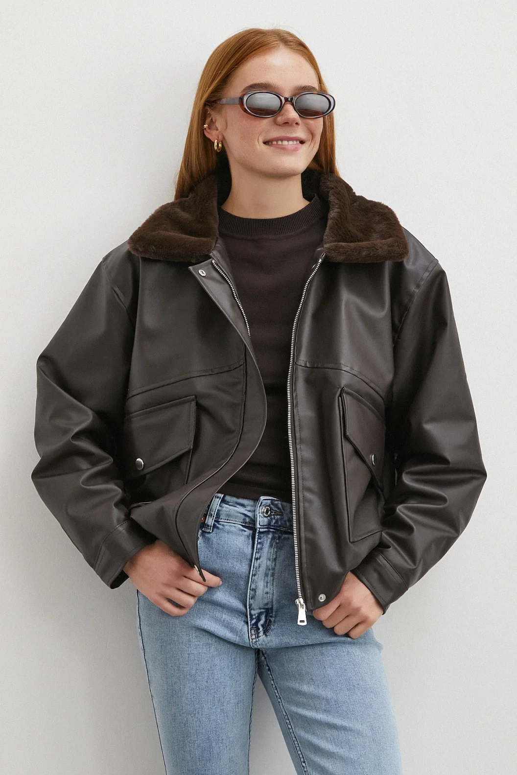 Peluş Astar Detaylı Deri Mont Kahve