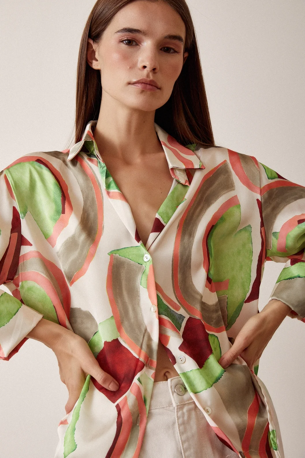 V Neck Patterned Satin Shirt Mint