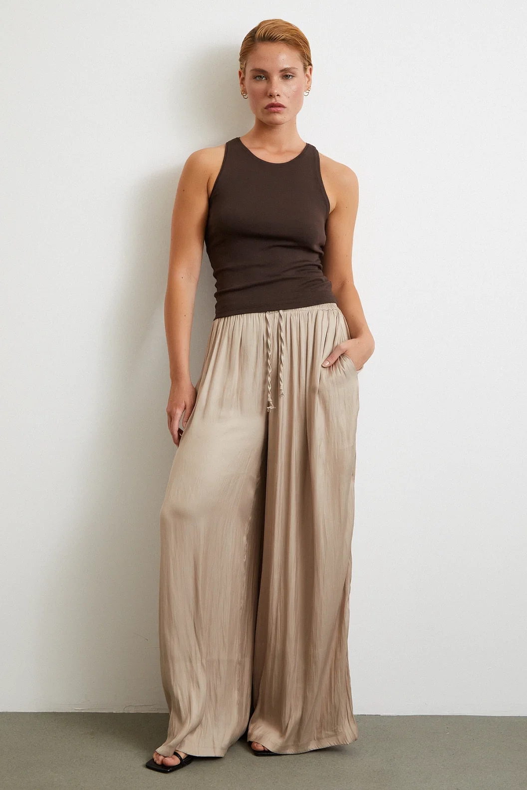 Elastic Waist Wide Legged Ruched Pants Beige