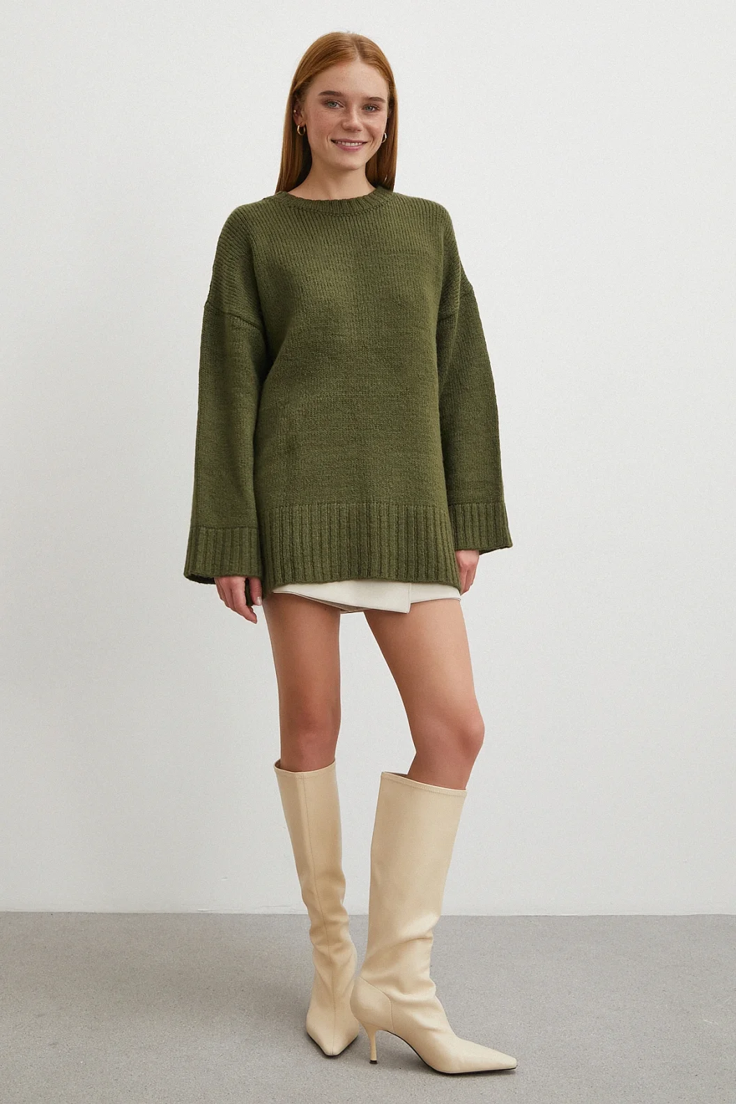 Bisiklet Yaka Fitilli Triko Kazak Haki