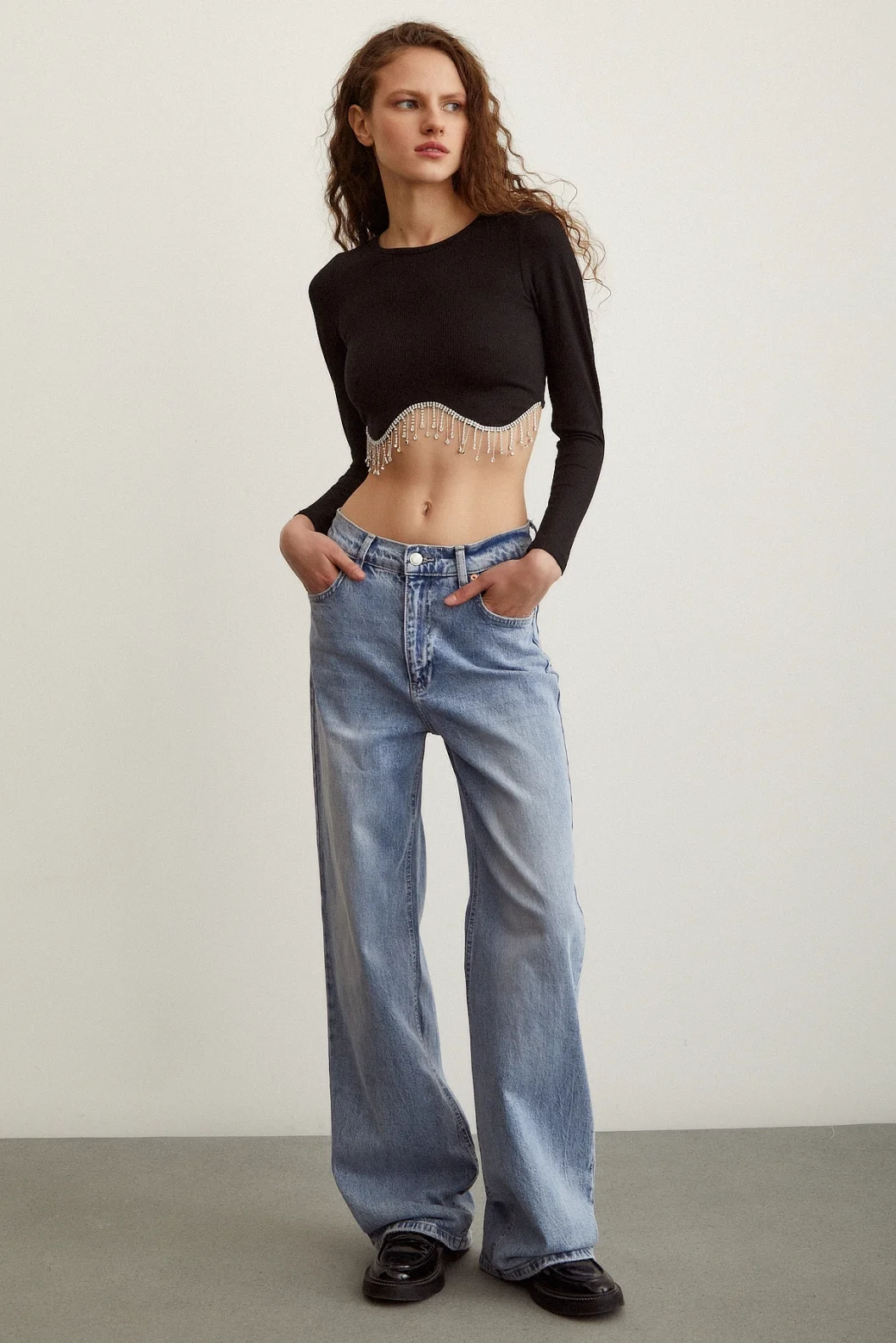 Bright Stoned Crop Top Black