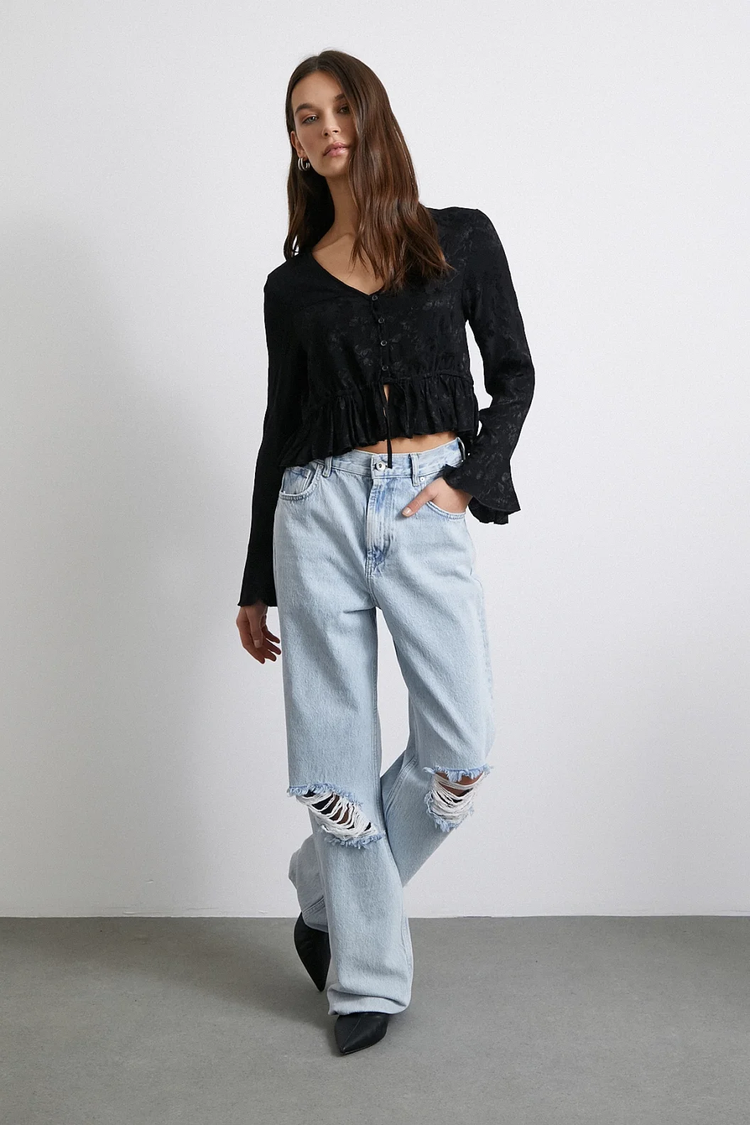 V-Neck Frilly Black Blouse