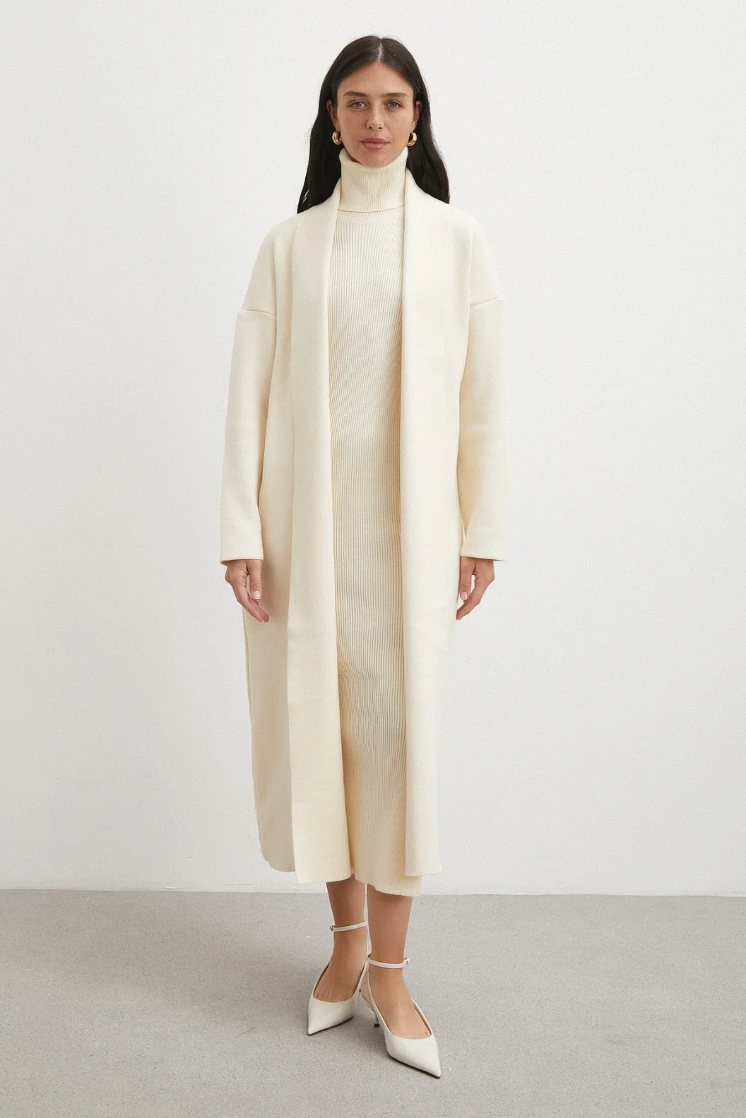 Uzun Elbiseli Hırka Triko Takım Ekru