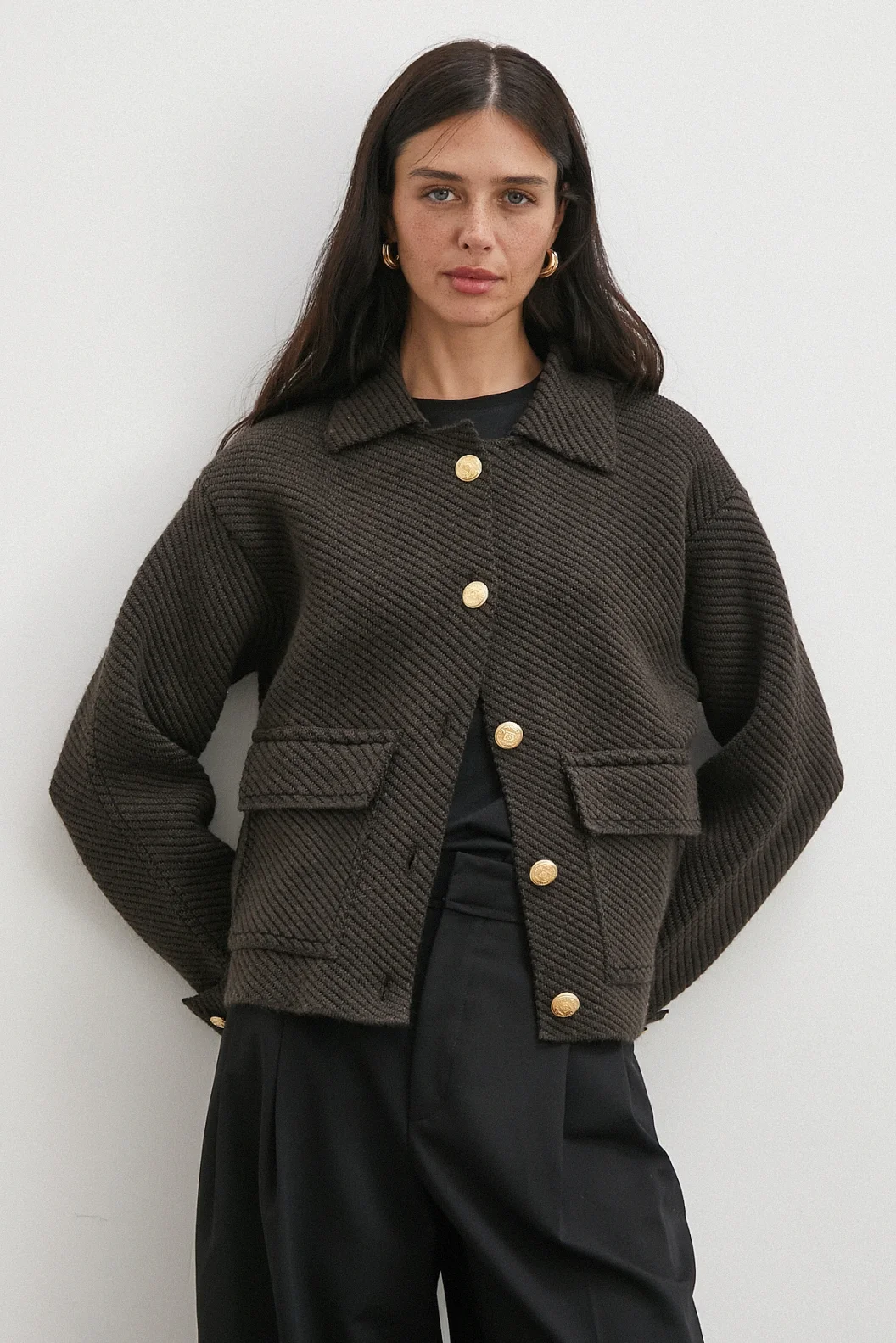 Polo Yaka Cepli Gold Düğmeli Ceket Kahve