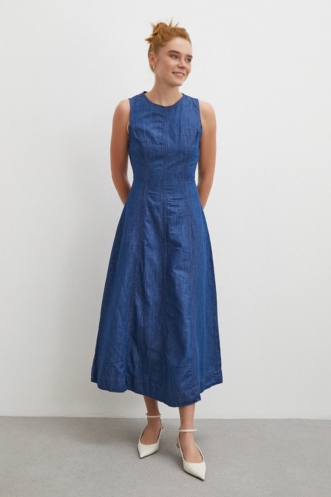 Bisiklet Yaka Kolsuz Premium Uzun Kot Elbise Lacivert