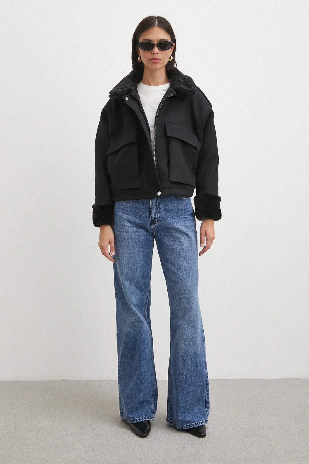 Apoletli Yünlü Körük Cepli Kaşe Mont Siyah