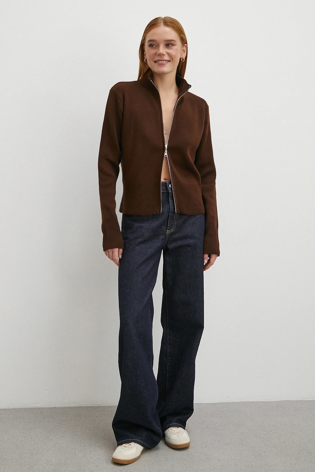 Çift Fermuarlı Triko Hırka Kahve