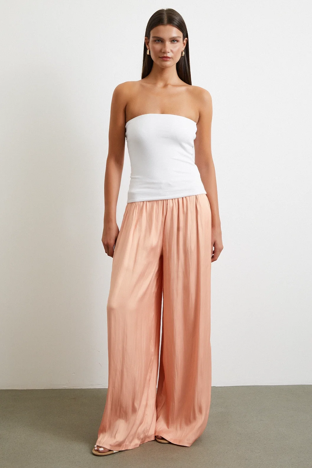 Elasticated Waist Wide Legged Pants with Ruffled Hem Powder
