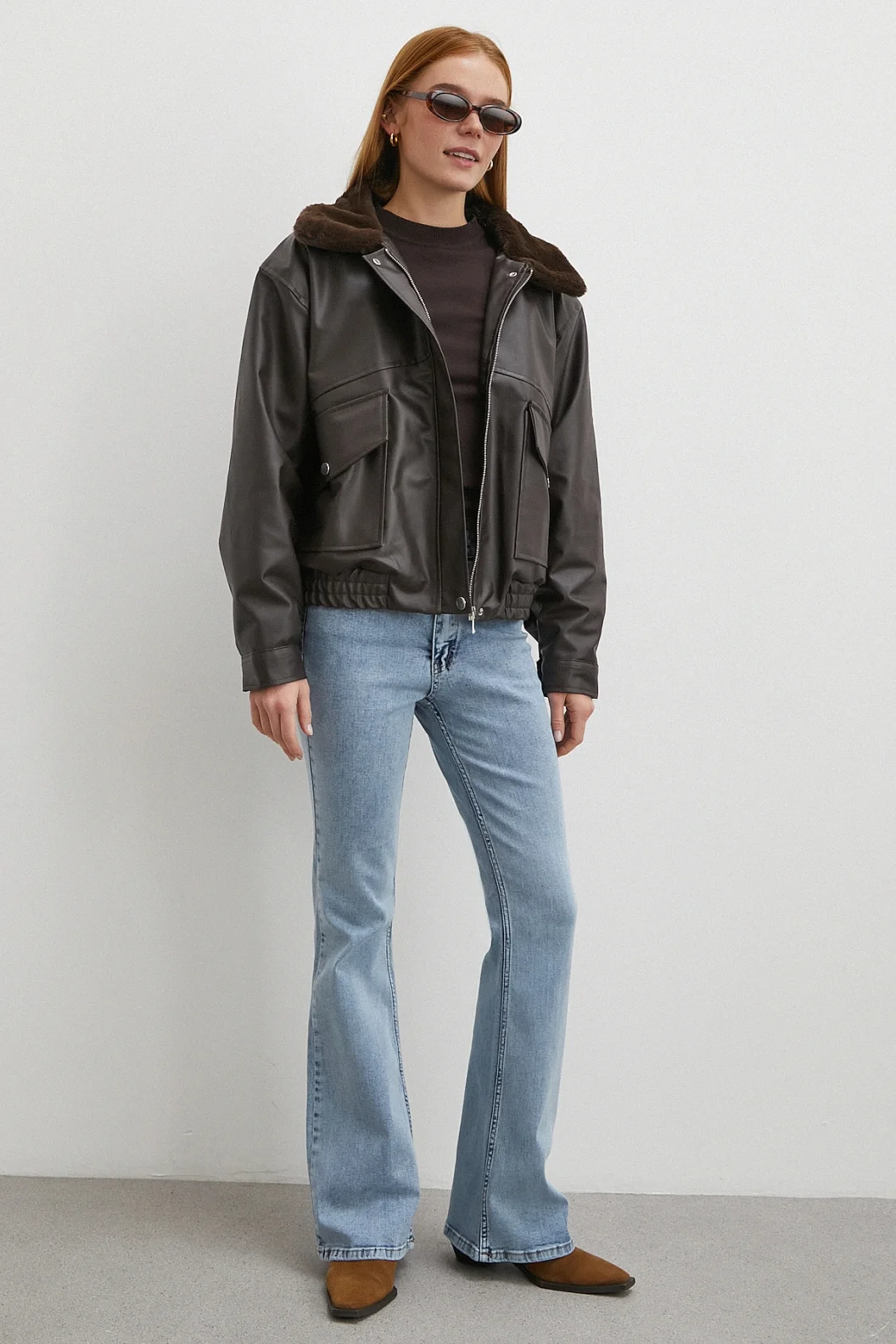 Peluş Astar Detaylı Deri Mont Kahve