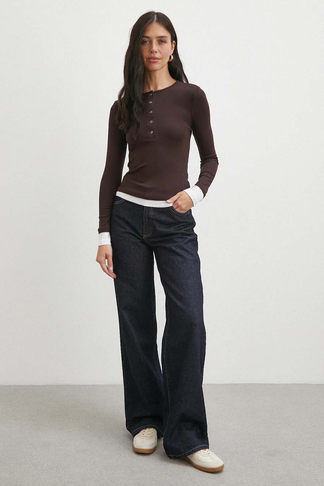 Garnili Çıtçıtlı Bluz Kahve