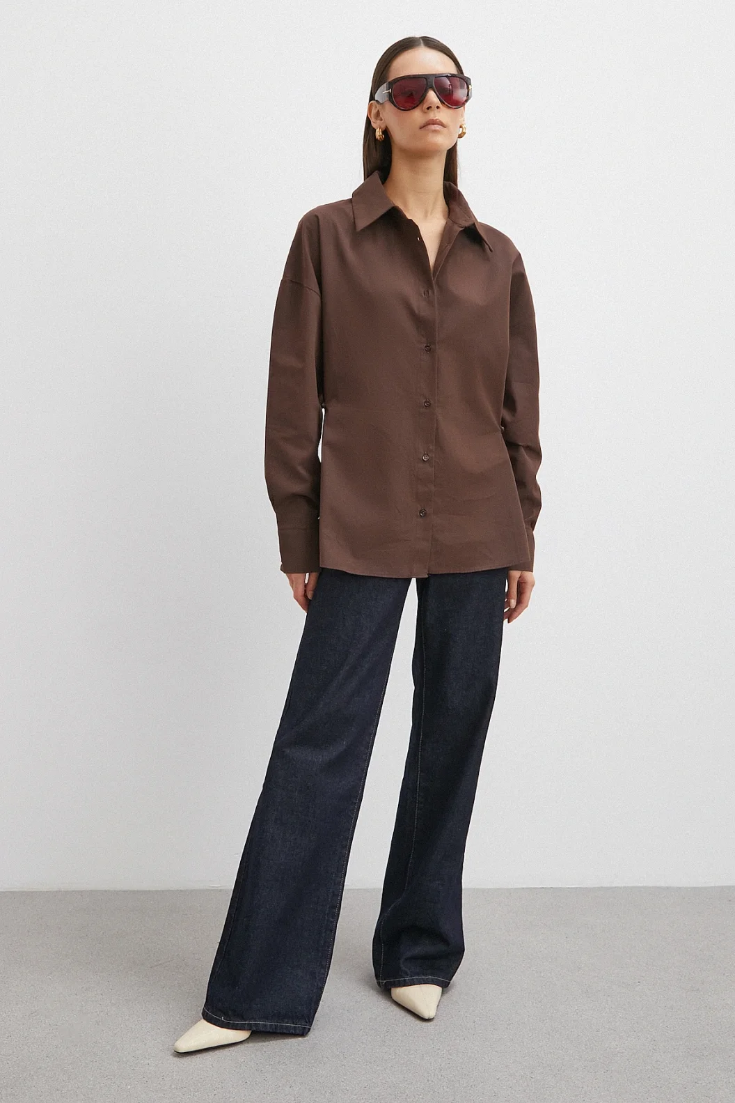 Düğme Detaylı Pamuklu Gömlek Kahve