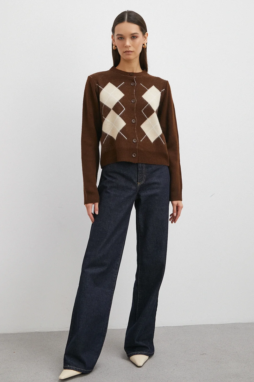 Düğmeli Baklava Desenli Hırka Kahve