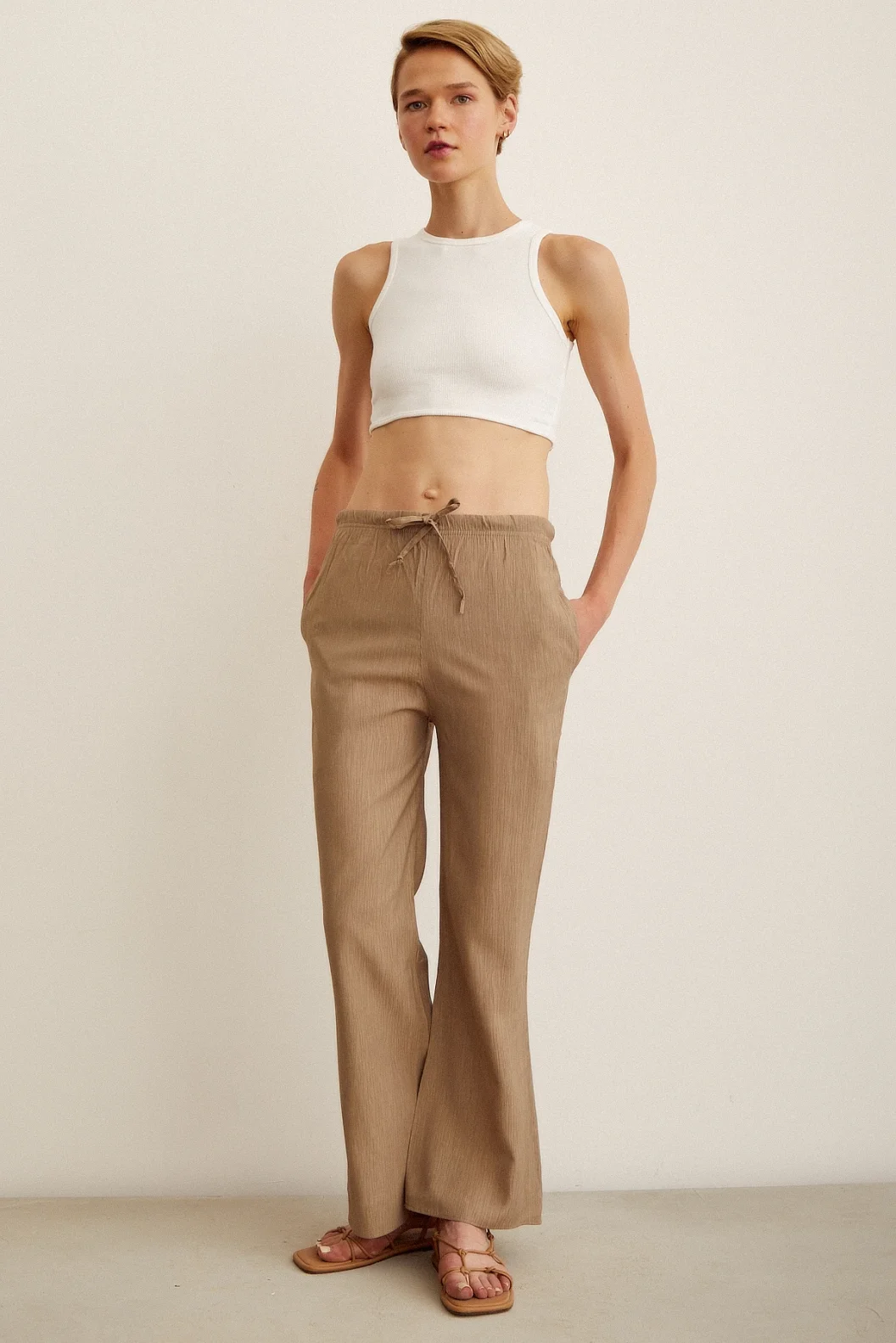Elastic Waist Flared High Waist Pants Khaki