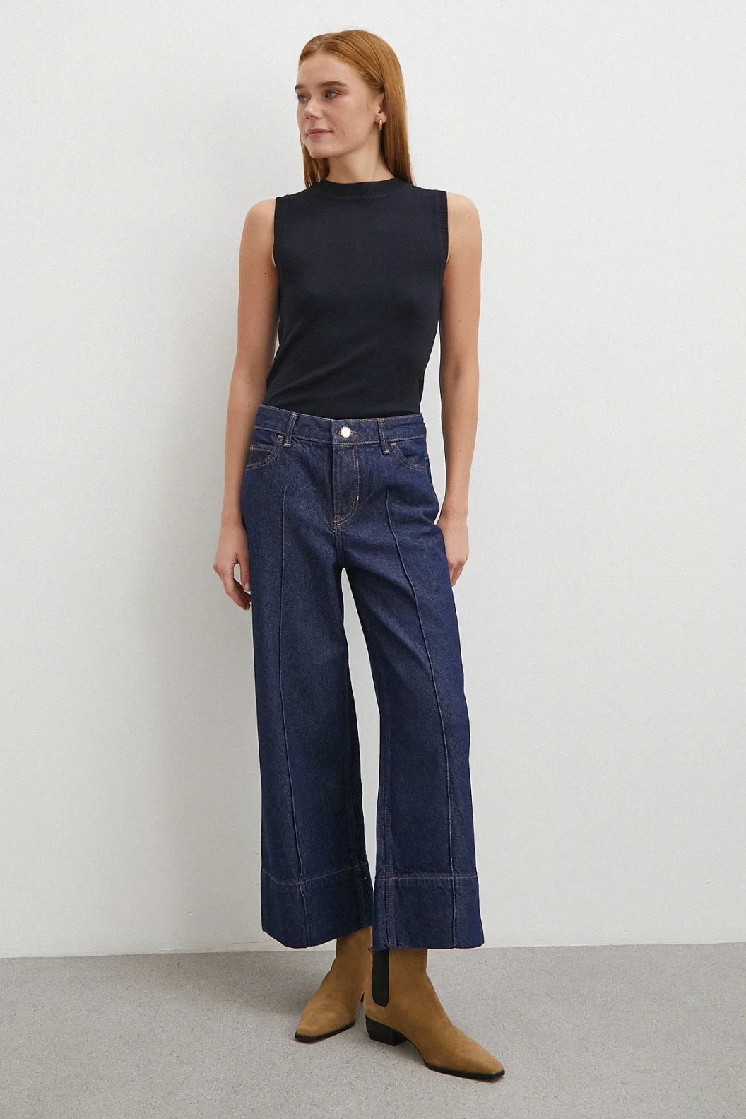 Yüksek Bel Paça Detaylı Jean Lacivert