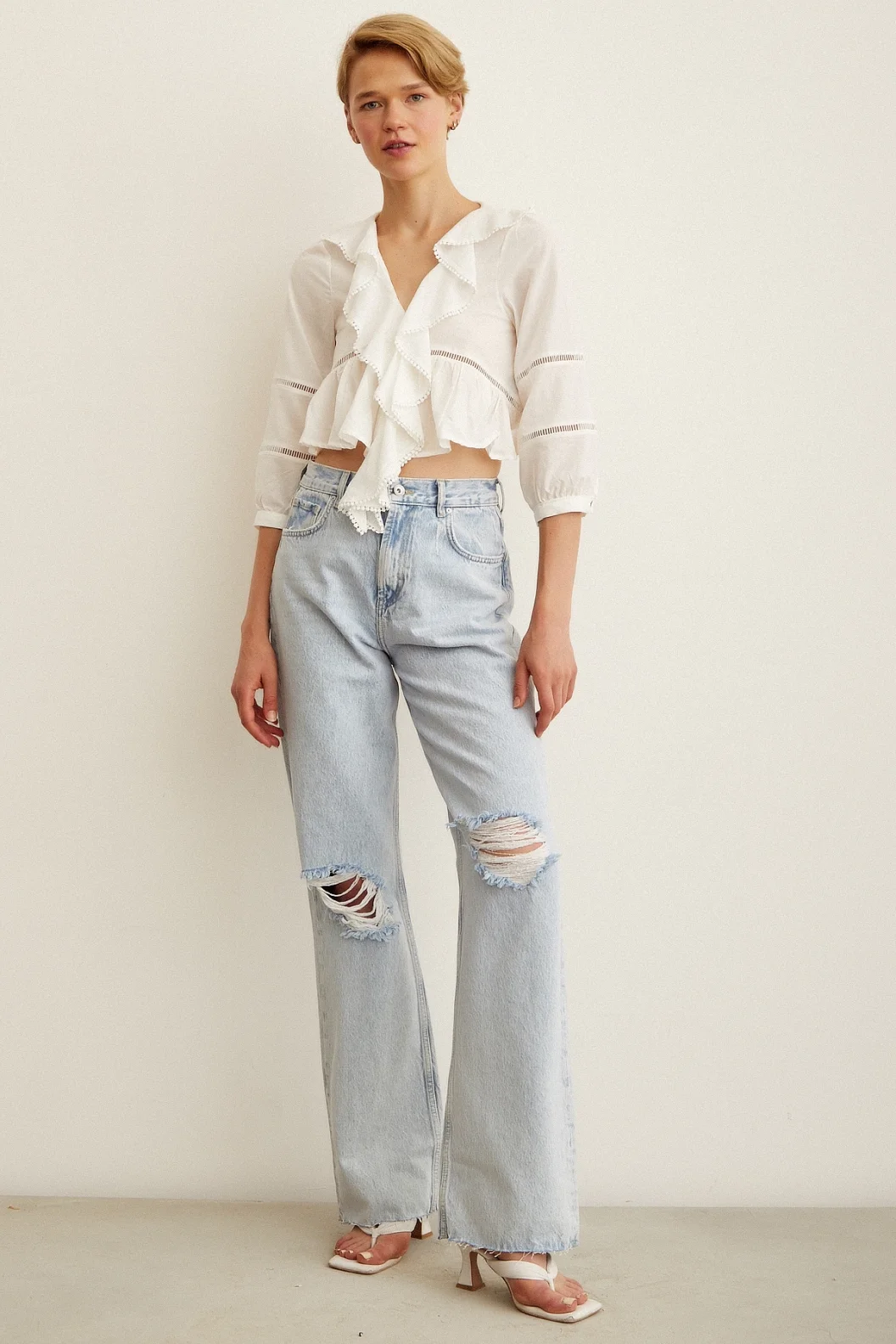 Lace Detail Ruffled Blouse White