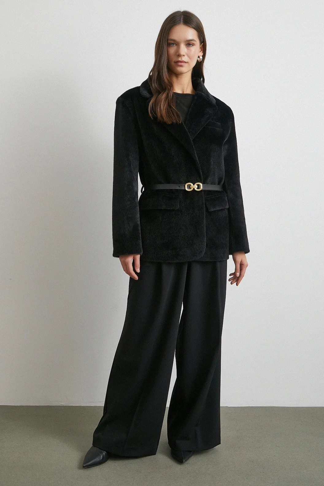 Kemerli Tay Flock Ceket Siyah