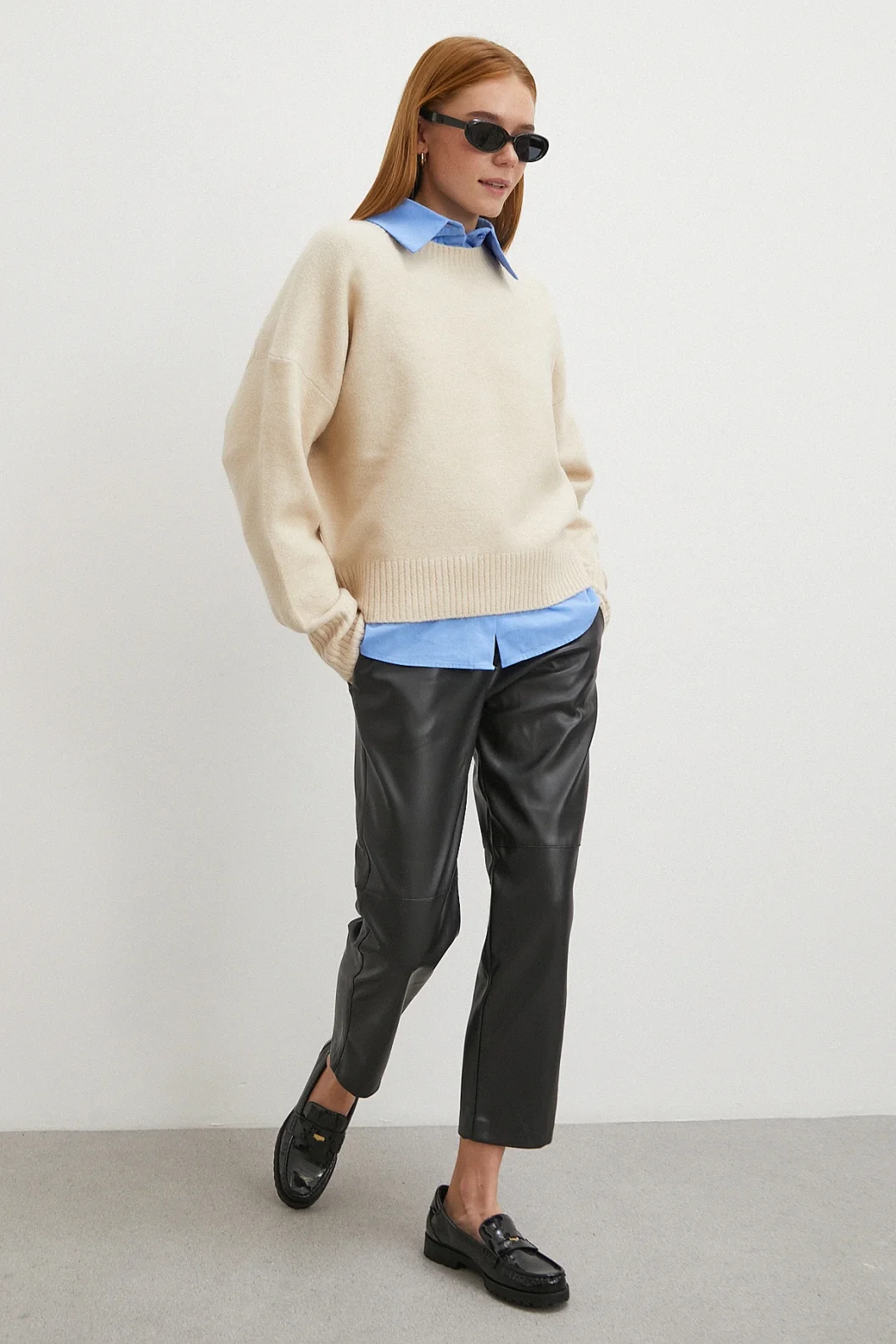 Kemerli Lastikli Deri Pantolon Siyah