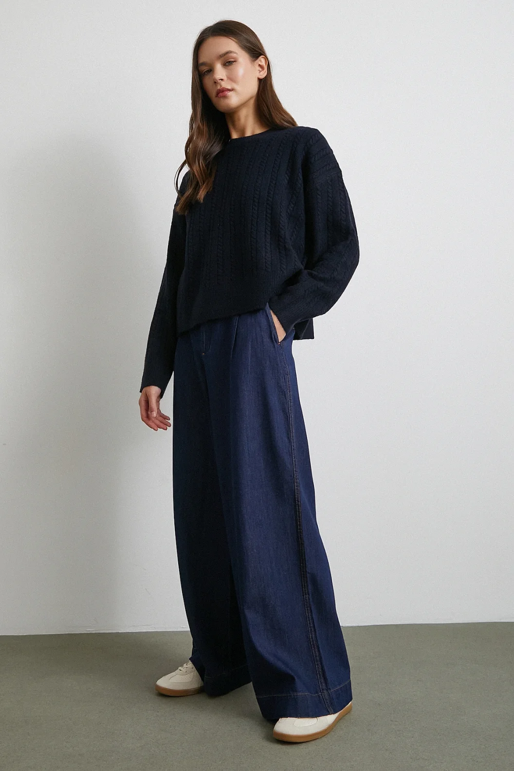 Yüksek Bel Geniş Paça Jean Lacivert