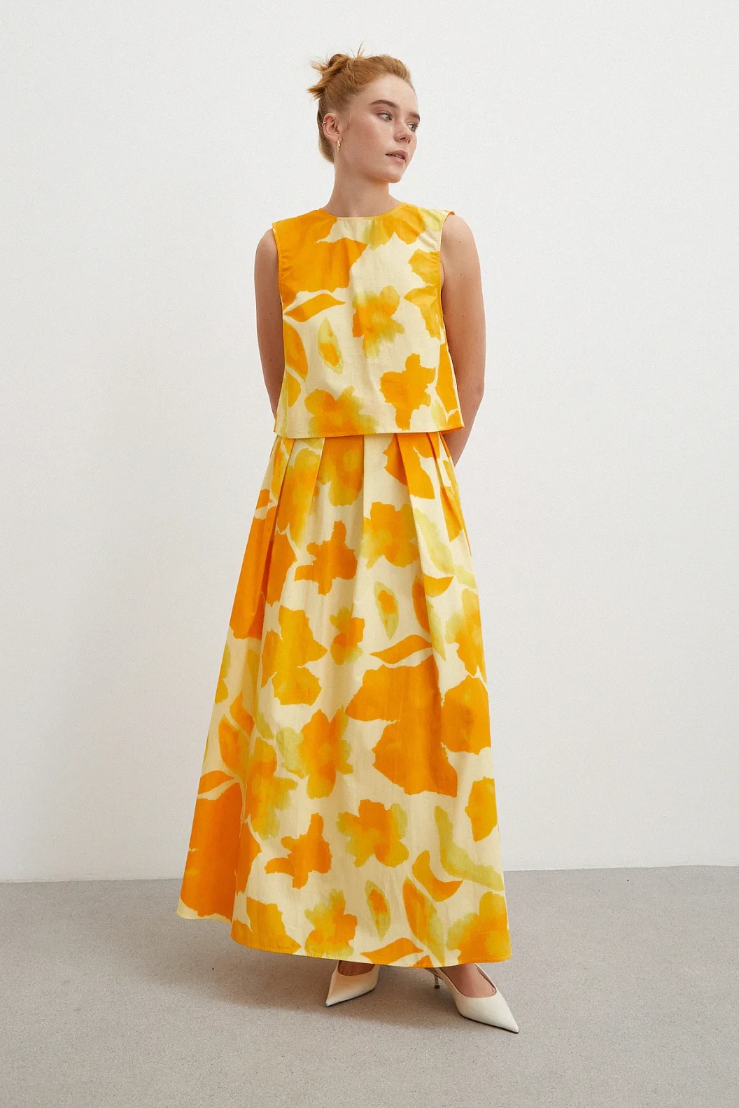 Elastic Waistband Batik Patterned Pleated Skirt Yellow