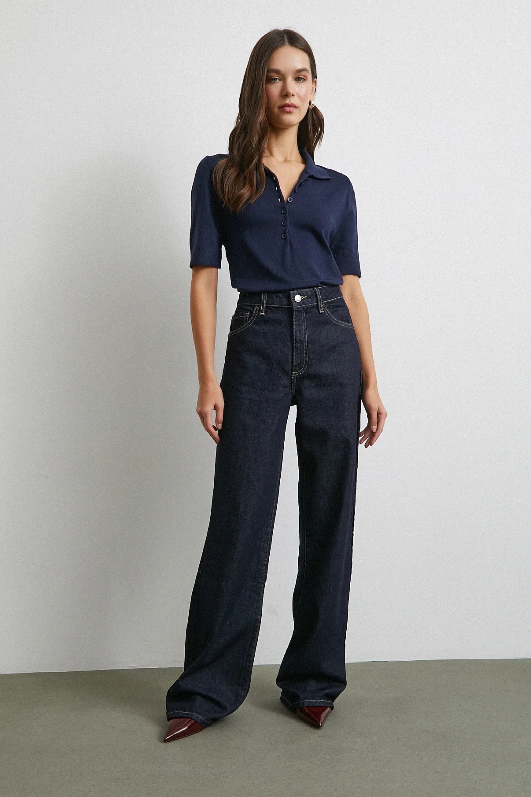 Polo Yaka Düğmeli Kısa Kol Triko Lacivert