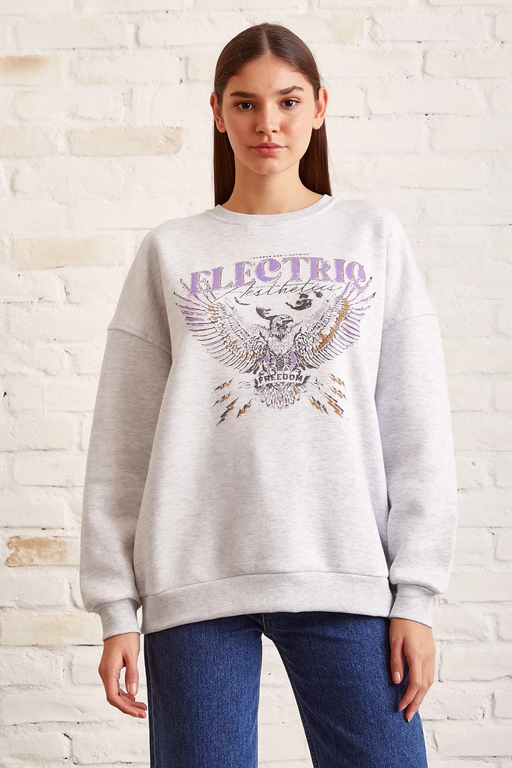 سويت شيرت بيسيكل ياقة مطبوعة بالكر ميلانج