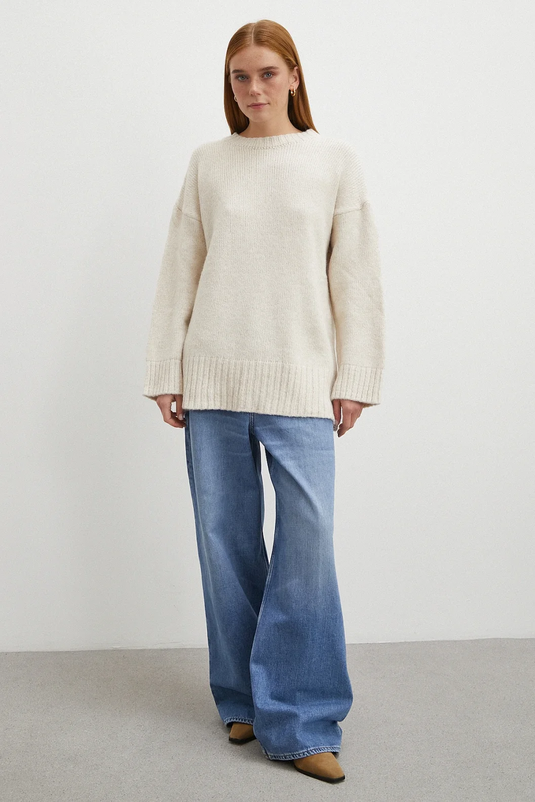 Bisiklet Yaka Fitilli Triko Kazak Ekru