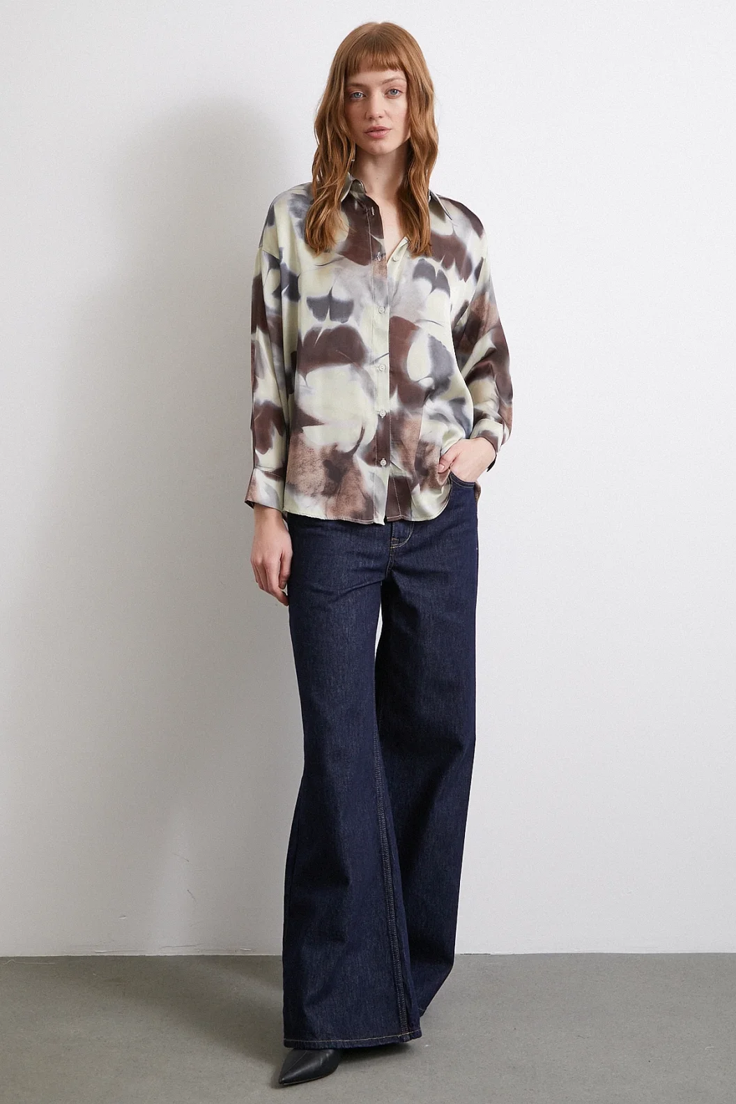 Batik Desen Saten Gömlek Kahve