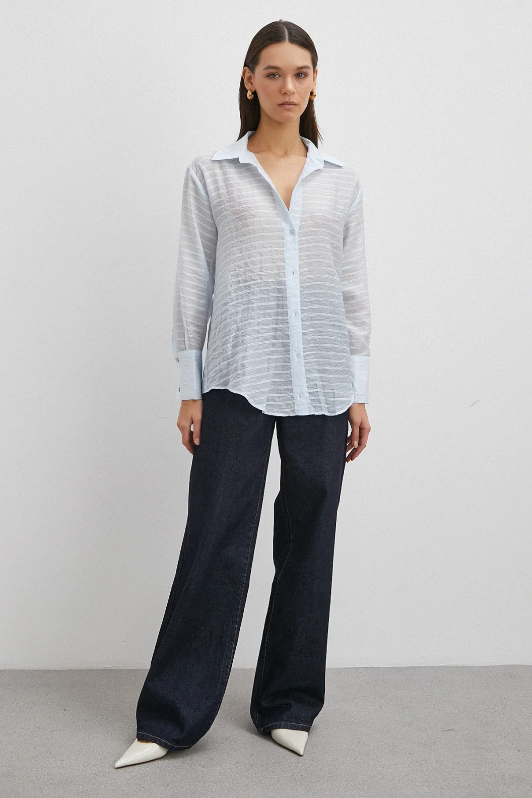 Kabartma Çizgili Gömlek Mavi