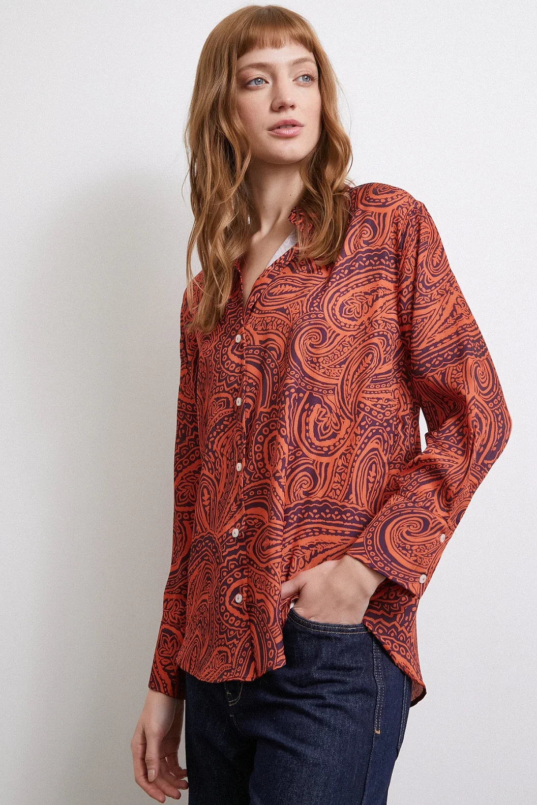 Bedruckte Waffel Satinbluse Orange