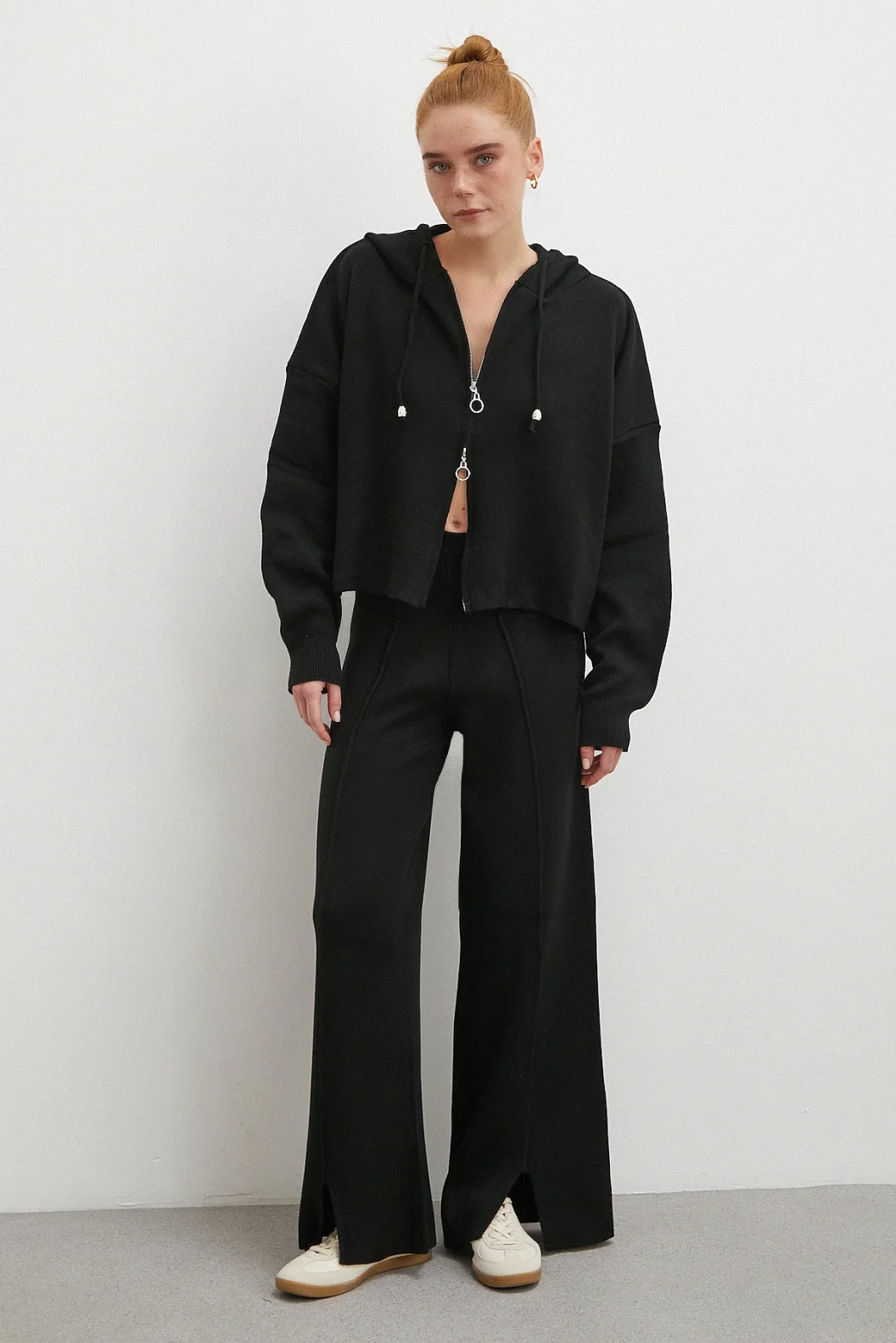 Çift Fermuarlı Kapüşonlu Pantolonlu Takım Siyah
