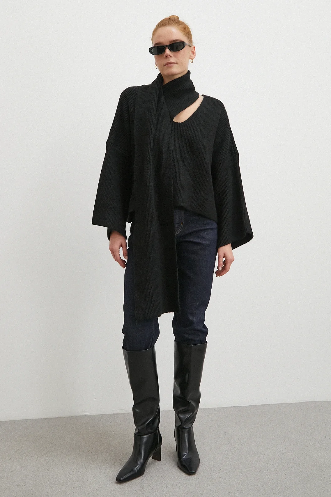 Fitilli Şal Yaka Kazak Siyah