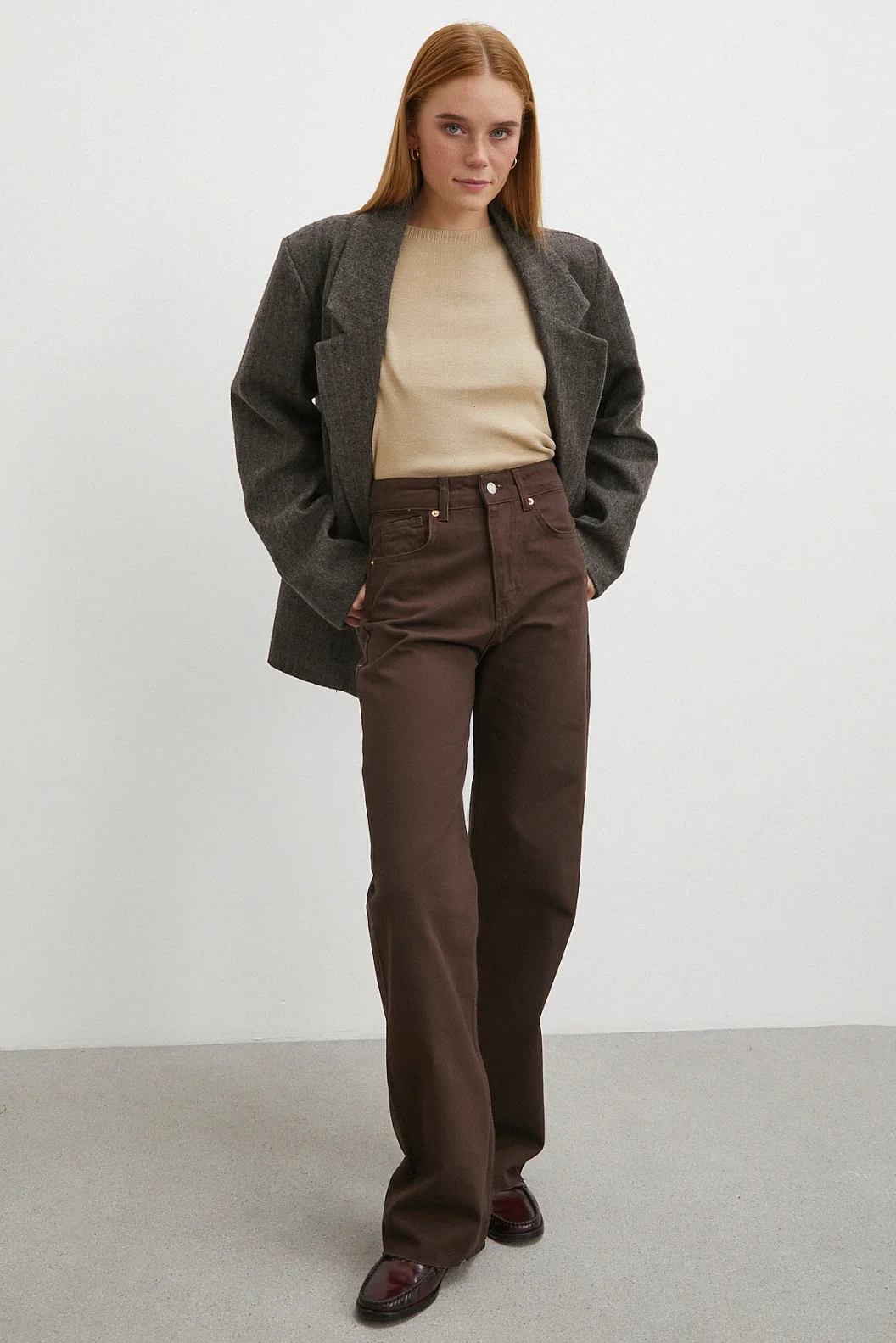 Yüksek Bel Kesik Boru Paça Jean Kahve