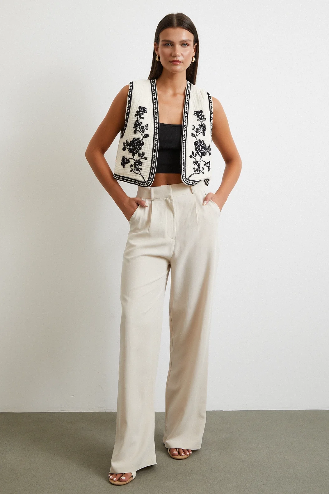 Nakışlı Oversize Yelek Krem